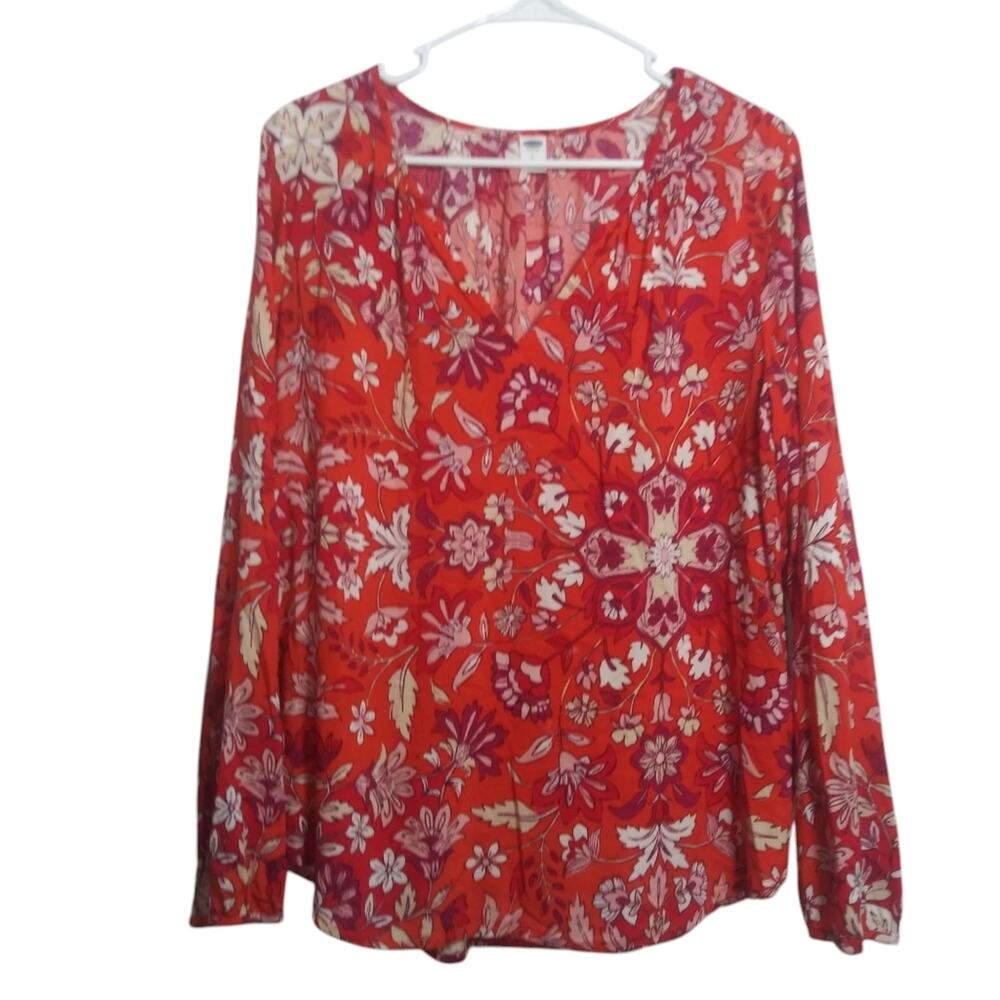 Old Navy Floral Red Womens V Neck Long Sleeve Blouse Top Spring Lightweight Sz L